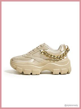 Women Chunky Platform Dad Sneakers with Chain, Lace-Up, Lightweight Walking
